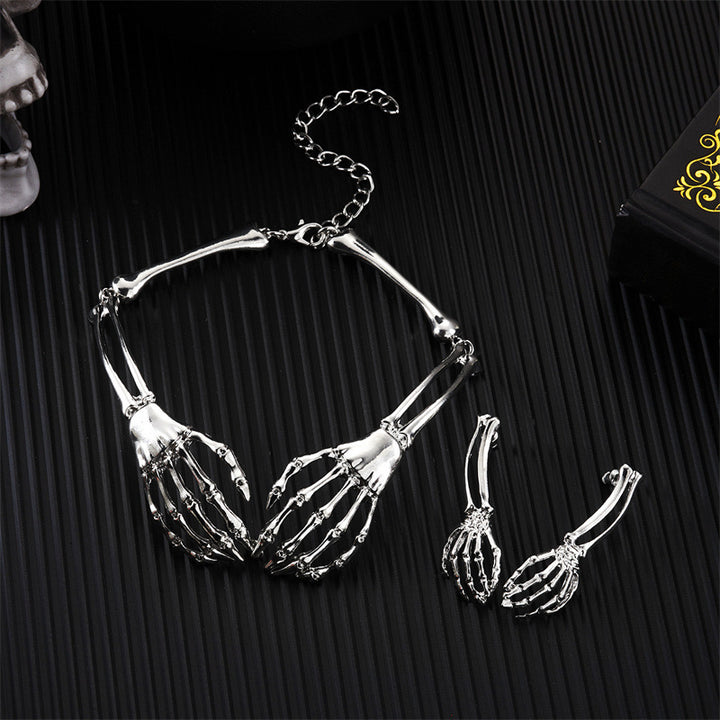 Halloween Dark Skeleton Hand Necklace Earrings Set