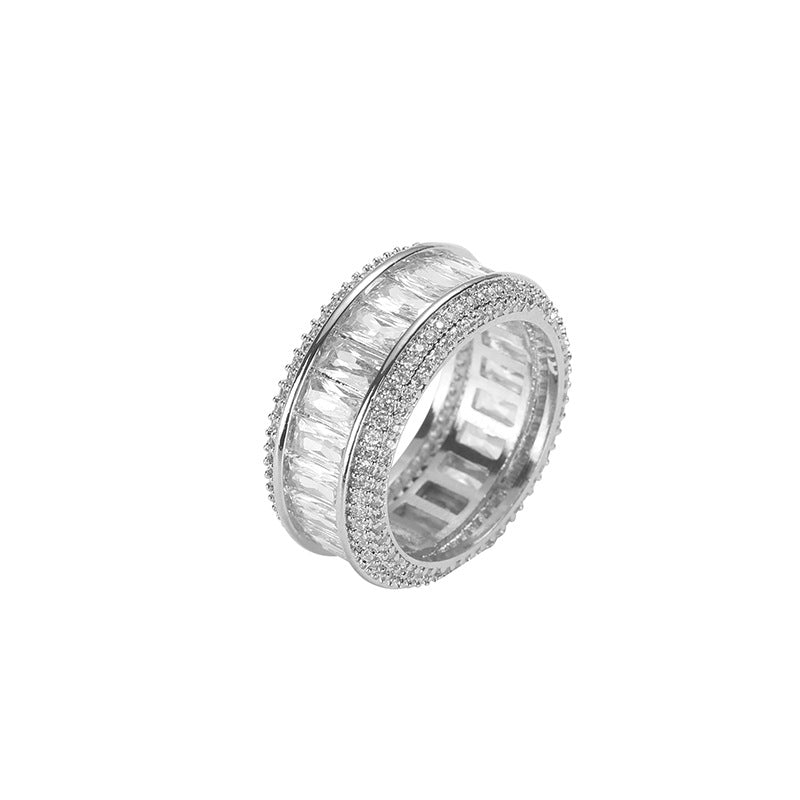 Baguette Zircon Full Paved Hip Hop Wide Band Ring