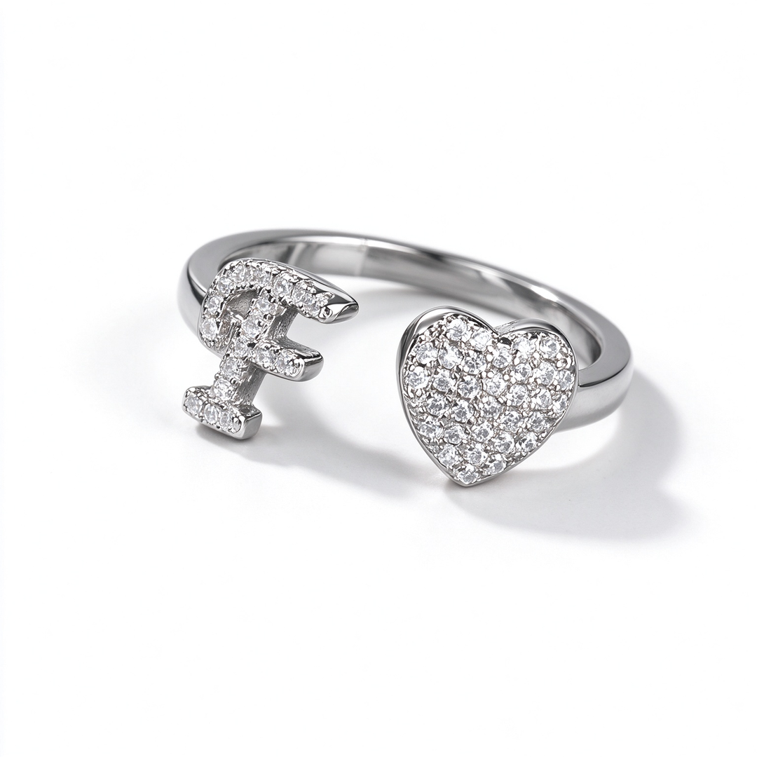 Initial Letter Heart Zircon Adjustable Open Ring