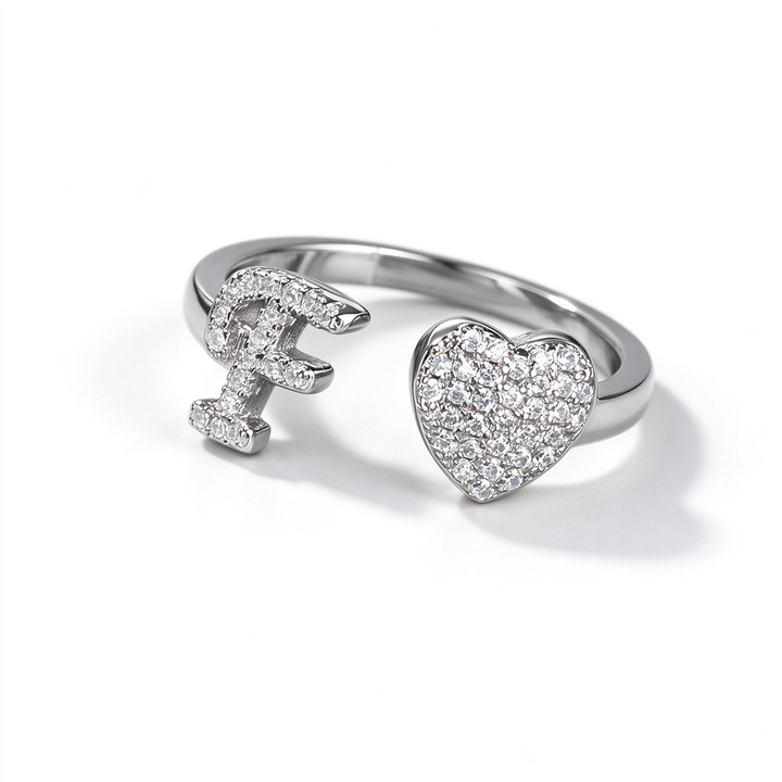 Initial Letter Heart Zircon Adjustable Open Ring