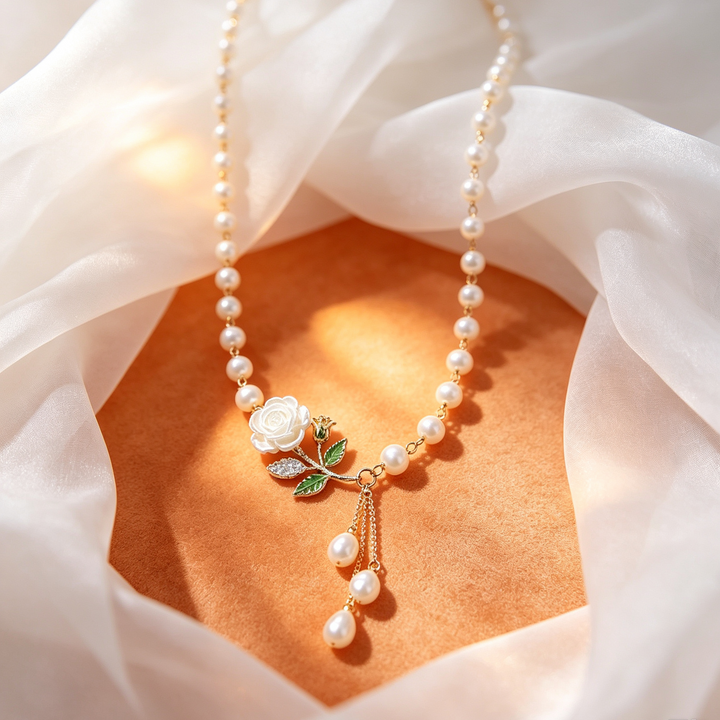 White Rose Pearl Pendant Necklace