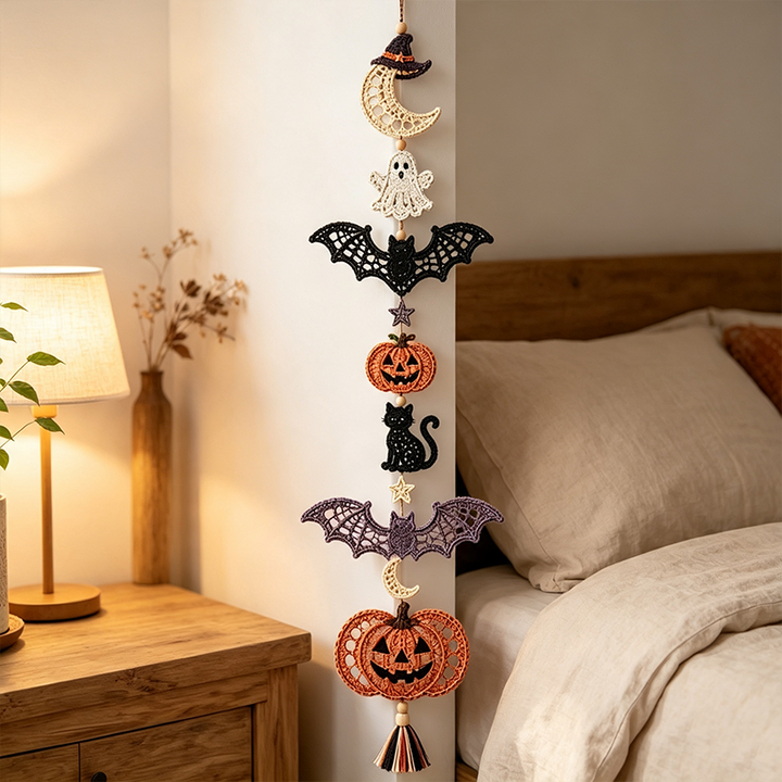 Witch Moon Bat Halloween Macrame Hanging