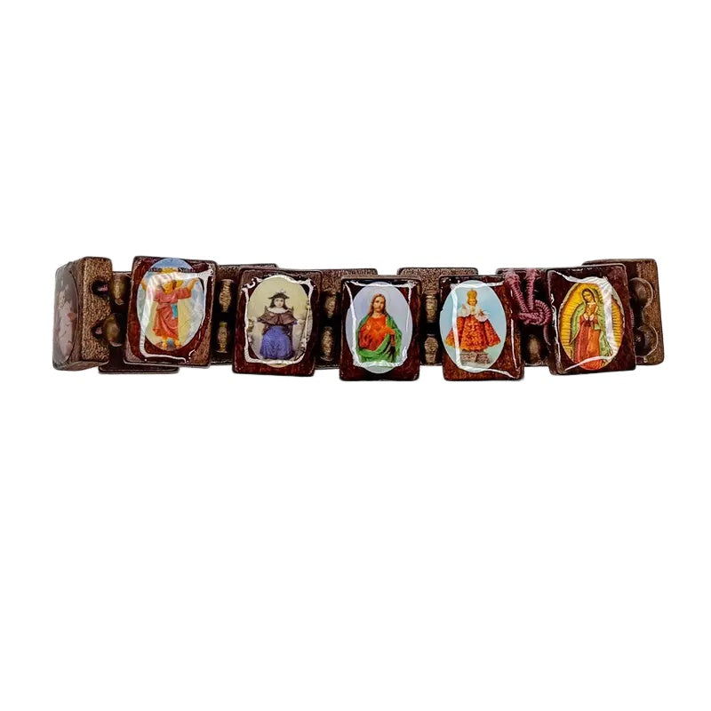 Religious Saint Medals Wooden Bezel Bracelet