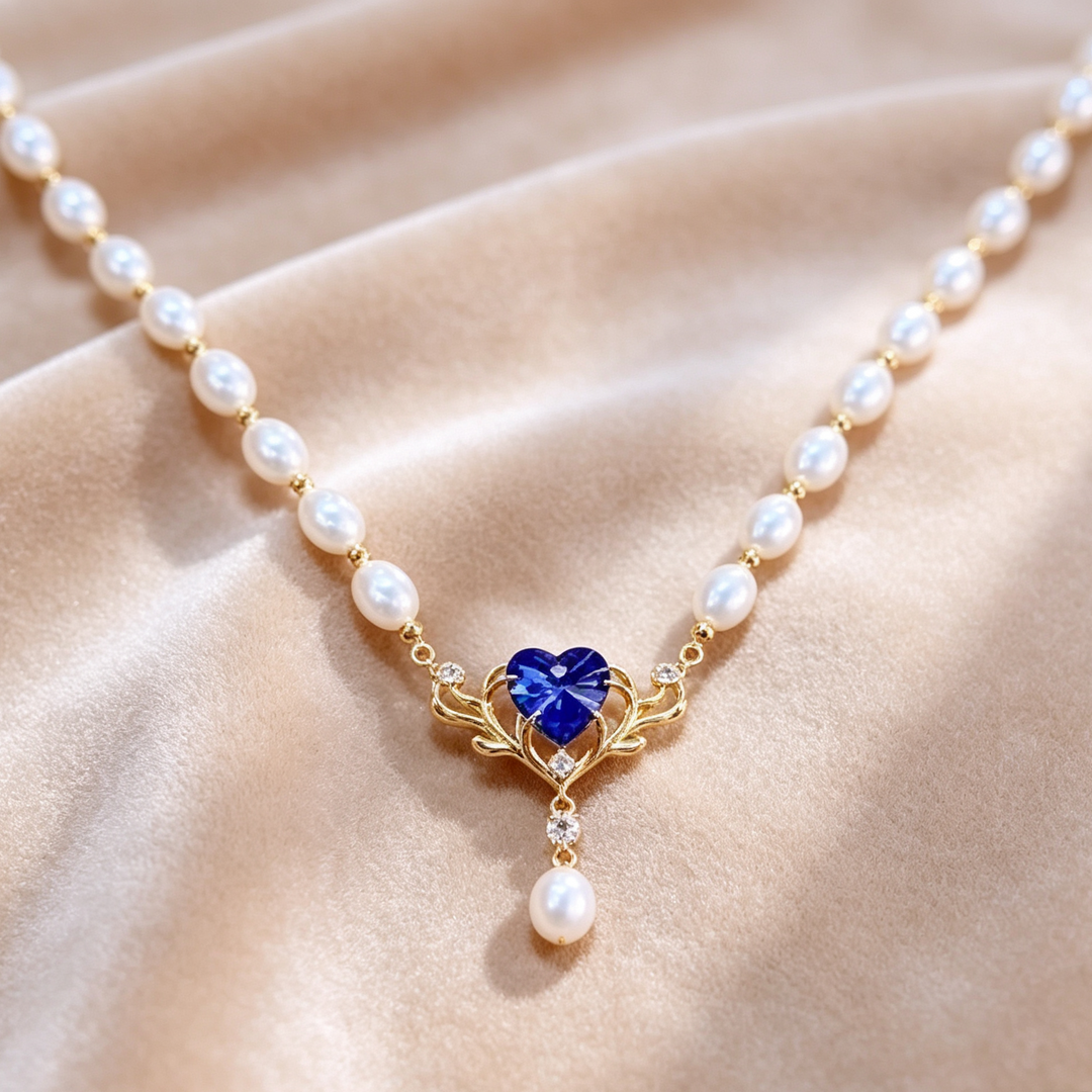 Blue Heart Pearl Pendant Choker Necklace
