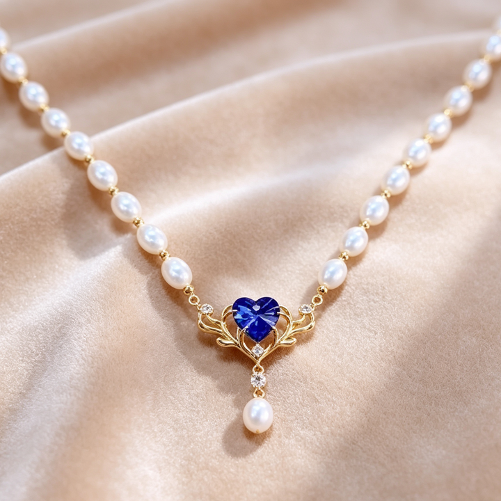 Blue Heart Pearl Pendant Choker Necklace