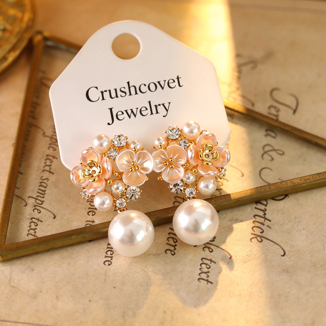 Cluster Flower Pearl Dangle Drop Earrings