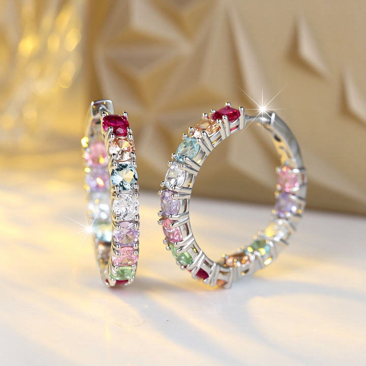 Rainbow Zirconia Sparkle Hoop Earrings