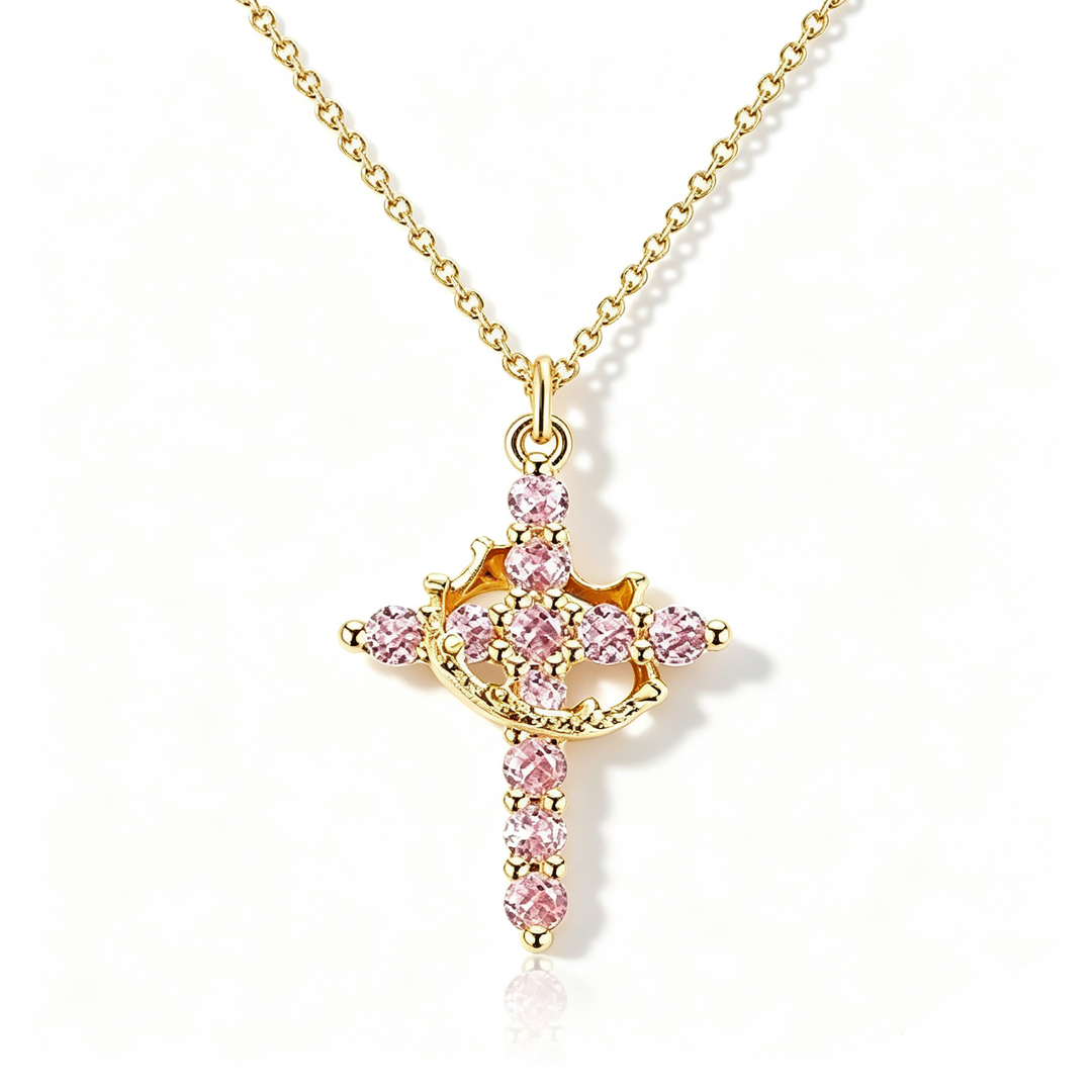 Birthstone Crown Cross Pendant Daily Necklace
