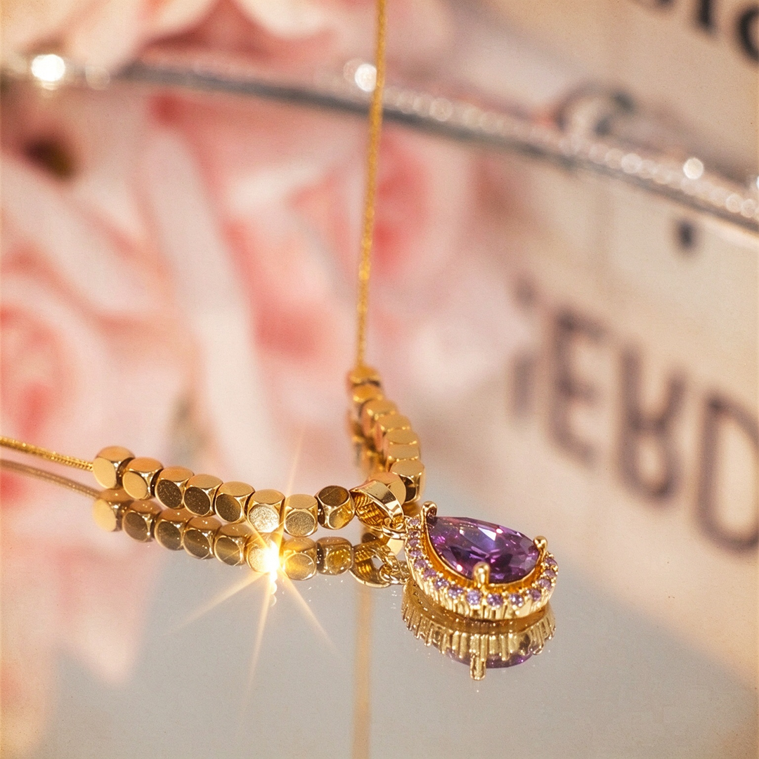 Purple Teardrop Pendant Necklace Daily Wear