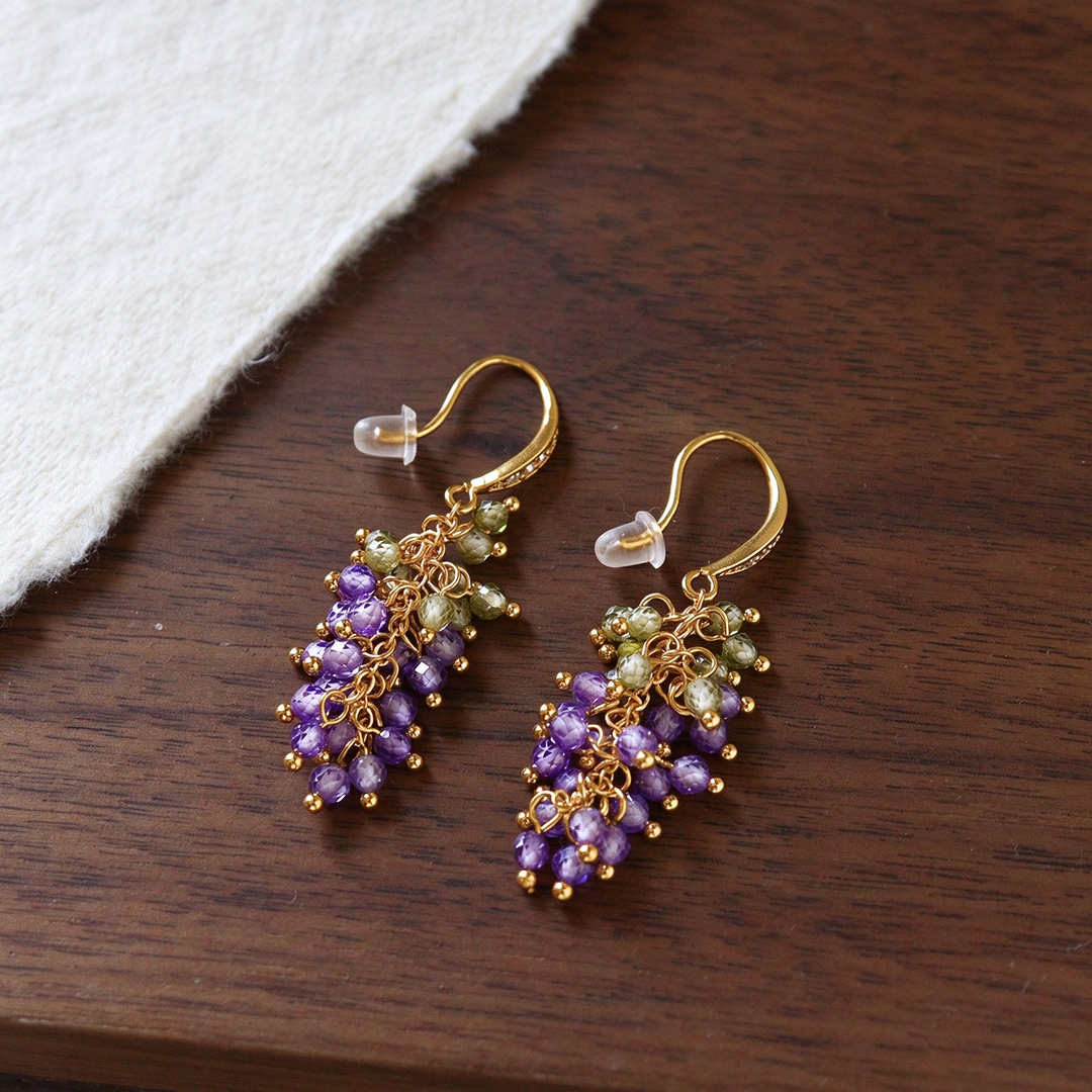 Grape Cluster Beaded Drop Earrings