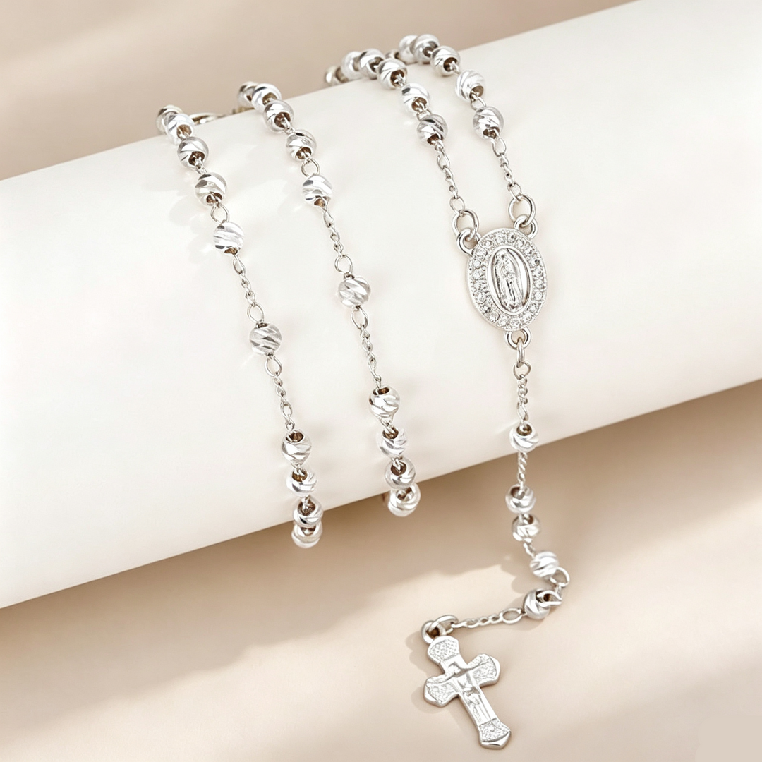Silver Virgin Mary Rosary Cross Necklace