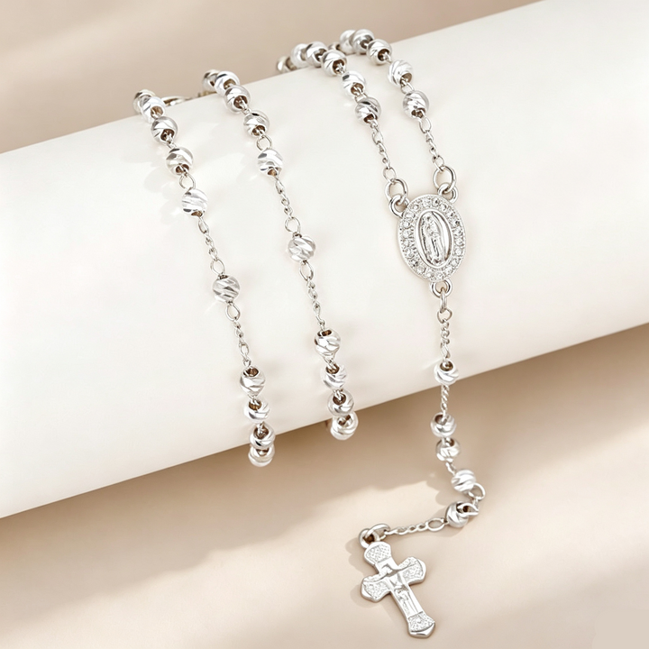 Silver Virgin Mary Rosary Cross Necklace