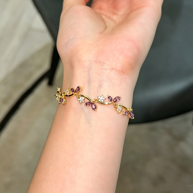 Leaf Floral Colored Zircon Adjustable Gold Bracelet