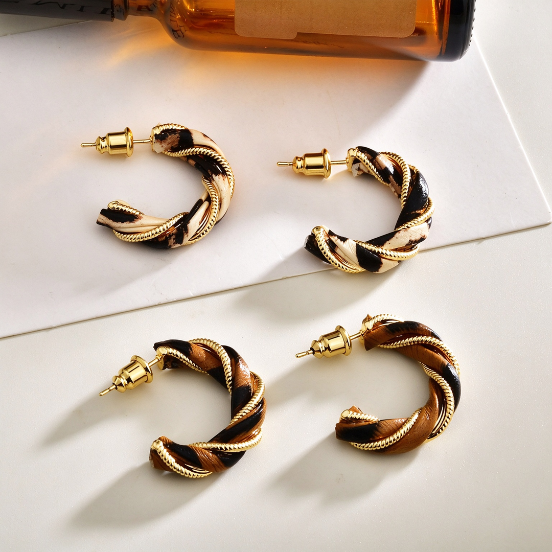 Leather Cord Wrapped C Shape Hoop Earrings
