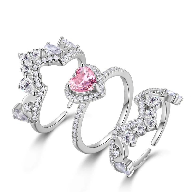 Luxurious Pink Heart Crown Ring Set