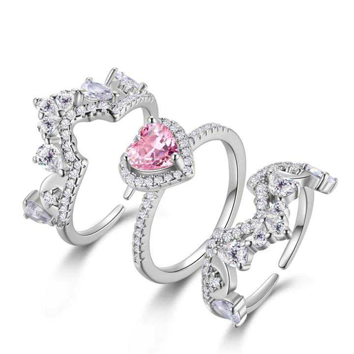 Luxurious Pink Heart Crown Ring Set