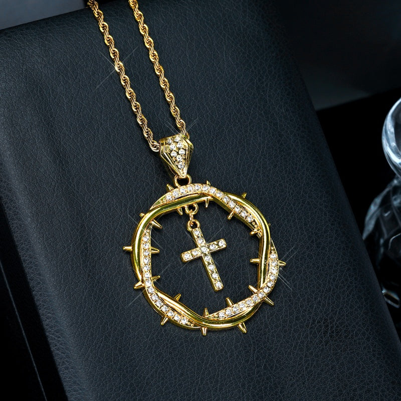 Gold Thorn Cross Pendant Necklace Chain