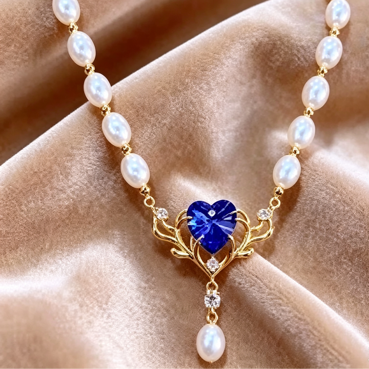 Blue Heart Pearl Pendant Choker Necklace