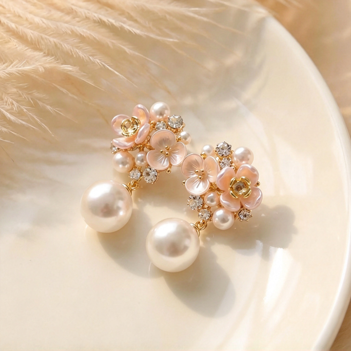 Cluster Flower Pearl Dangle Drop Earrings