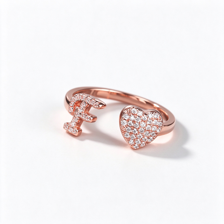 Initial Letter Heart Zircon Adjustable Open Ring