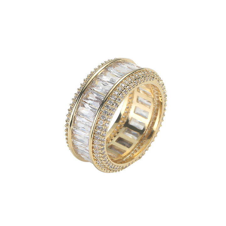 Baguette Zircon Full Paved Hip Hop Wide Band Ring