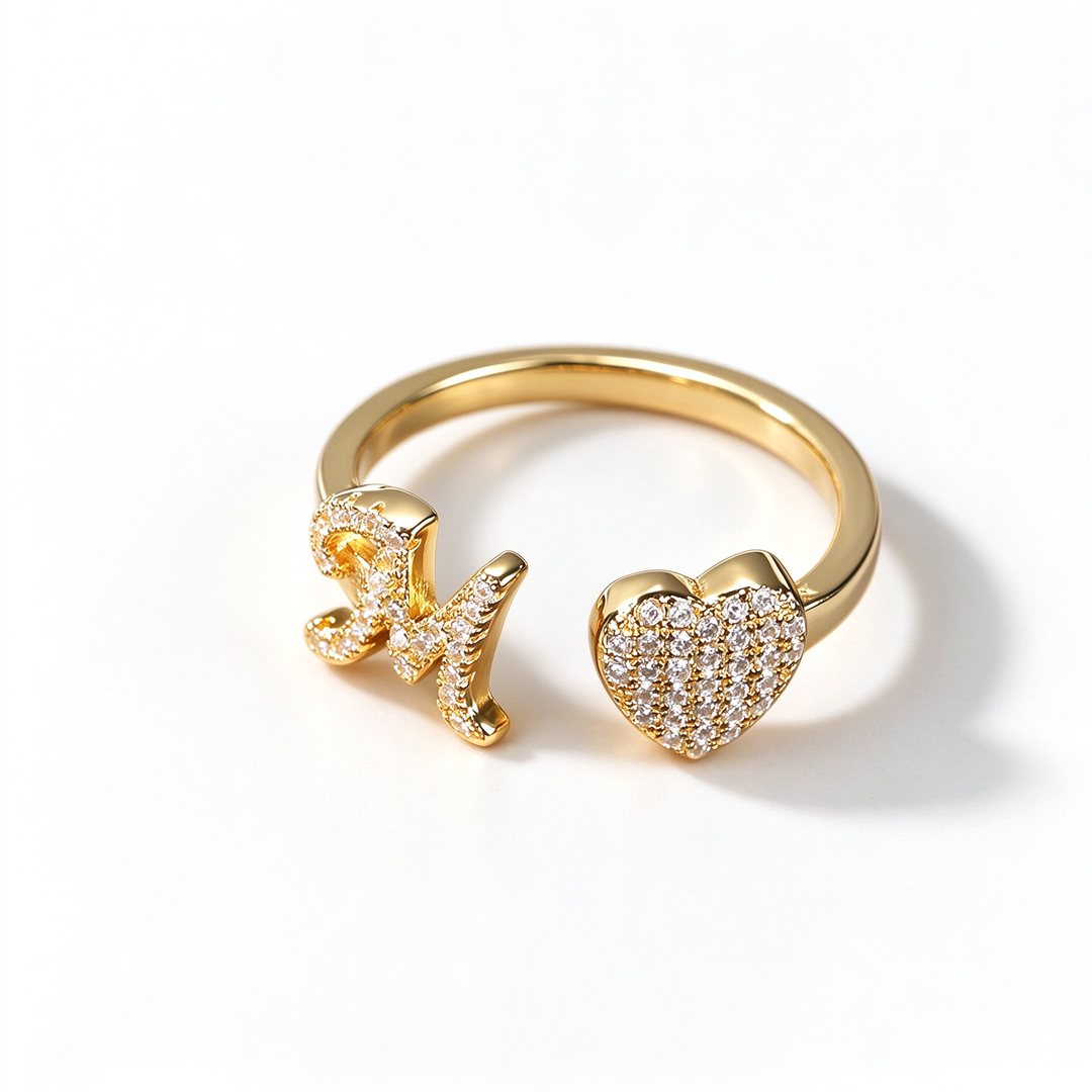 Initial Letter Heart Zircon Adjustable Open Ring