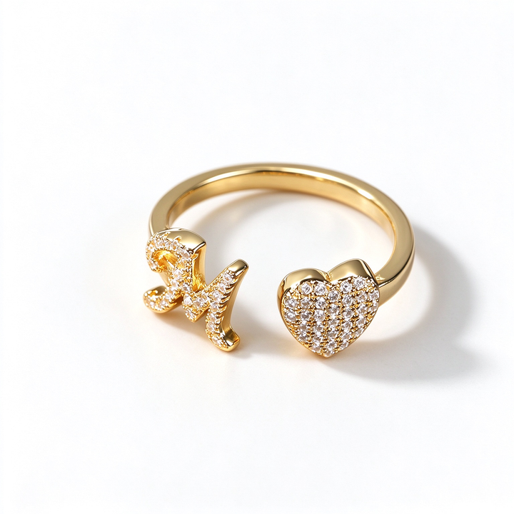 Initial Letter Heart Zircon Adjustable Open Ring