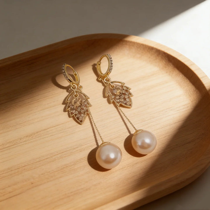 Pearl Drop Leaf Dangle Earrings