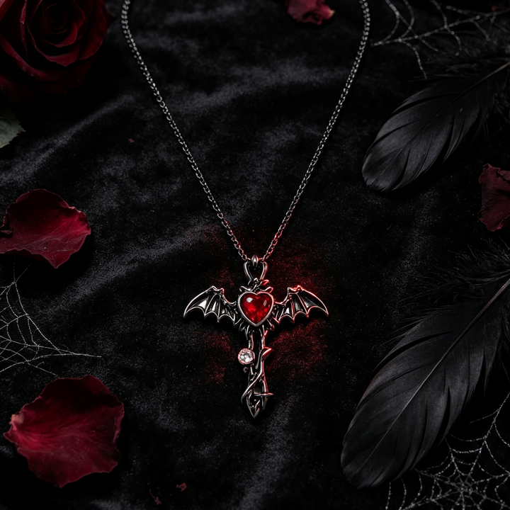 Dark Style Bat Wing Cross Heart Necklace