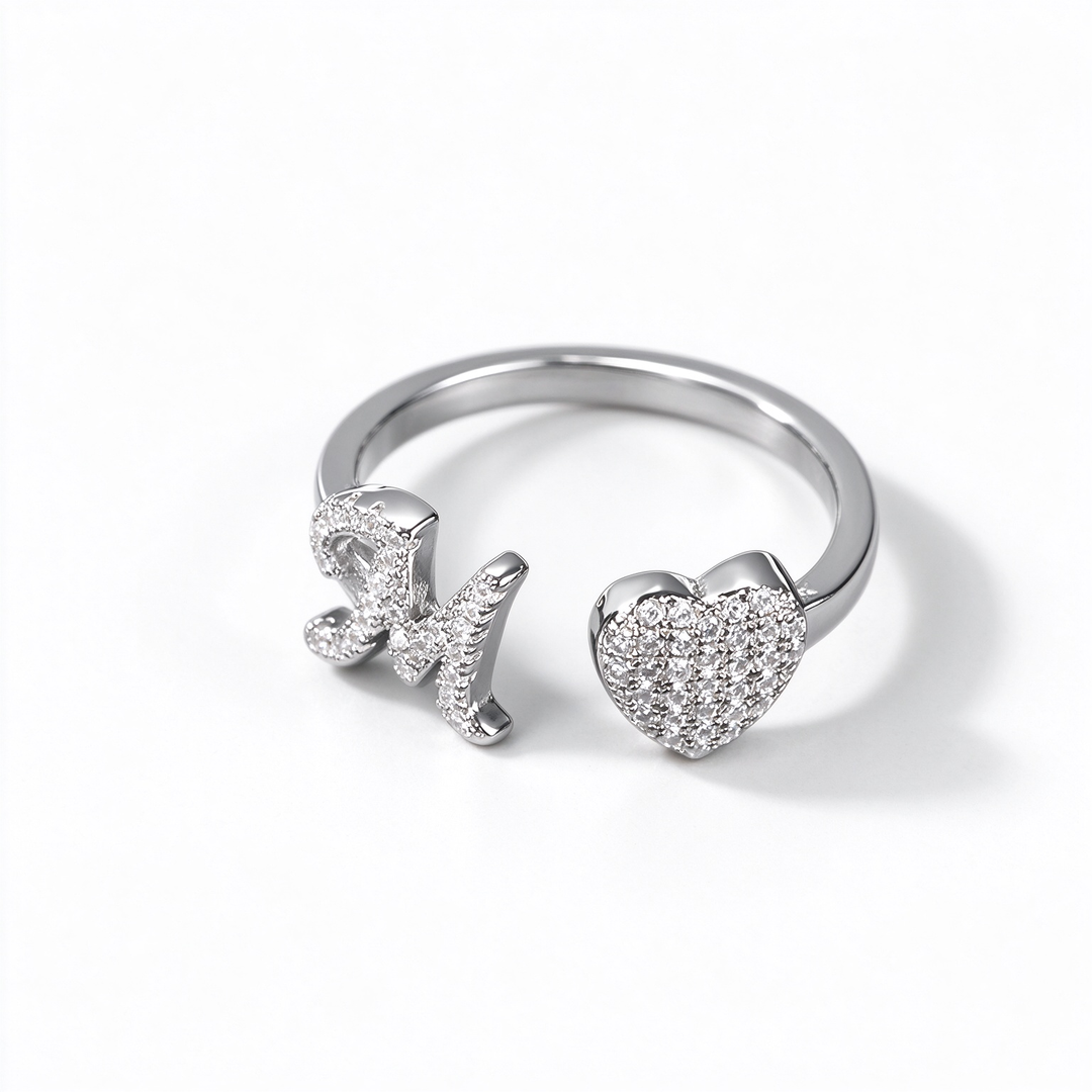 Initial Letter Heart Zircon Adjustable Open Ring