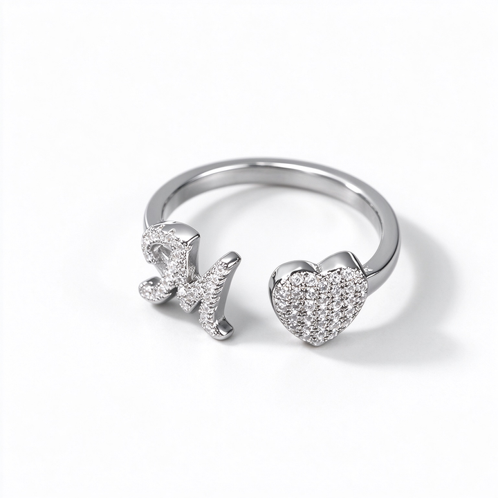 Initial Letter Heart Zircon Adjustable Open Ring