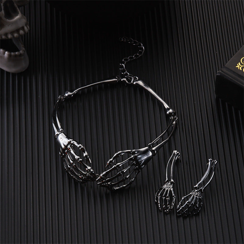Halloween Dark Skeleton Hand Necklace Earrings Set