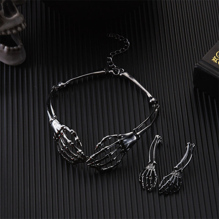 Halloween Dark Skeleton Hand Necklace Earrings Set