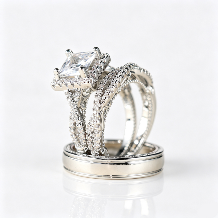 Cubic Zirconia 3‑Piece Wedding Ring Set