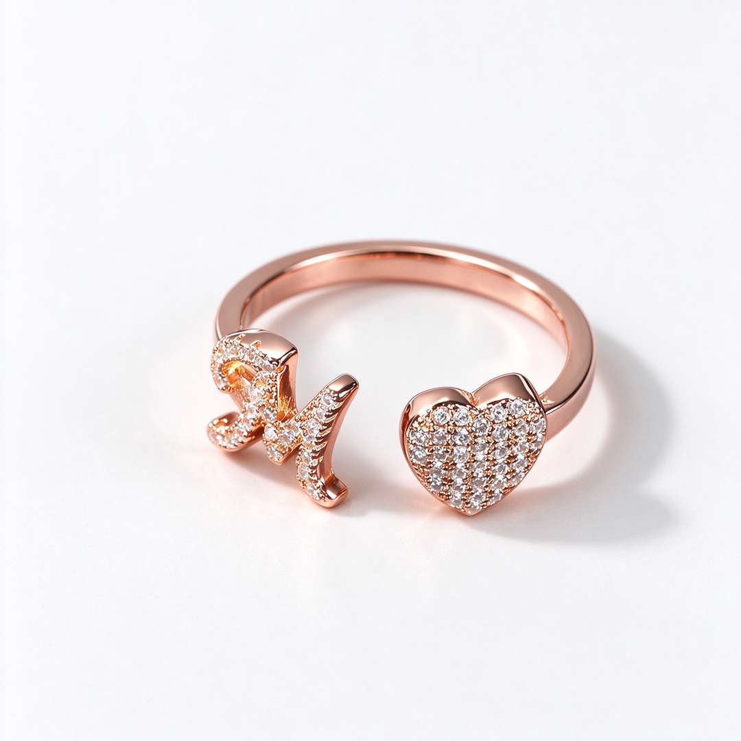 Initial Letter Heart Zircon Adjustable Open Ring