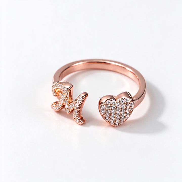 Initial Letter Heart Zircon Adjustable Open Ring