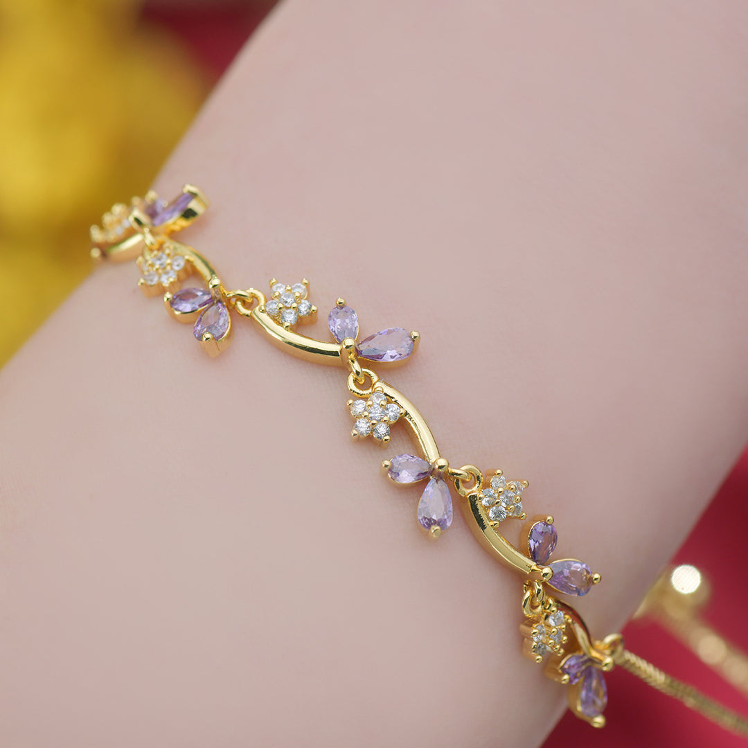 Leaf Floral Colored Zircon Adjustable Gold Bracelet