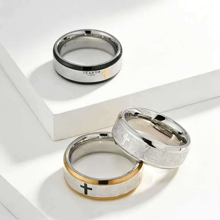 Unisex Titanium Steel Cross Prayer Text Band Ring