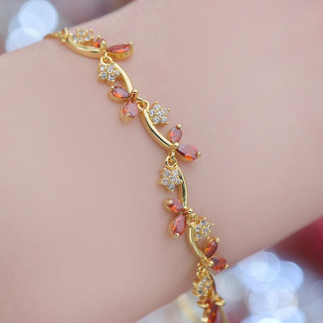 Leaf Floral Colored Zircon Adjustable Gold Bracelet