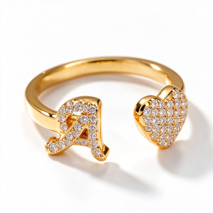 Initial Letter Heart Zircon Adjustable Open Ring