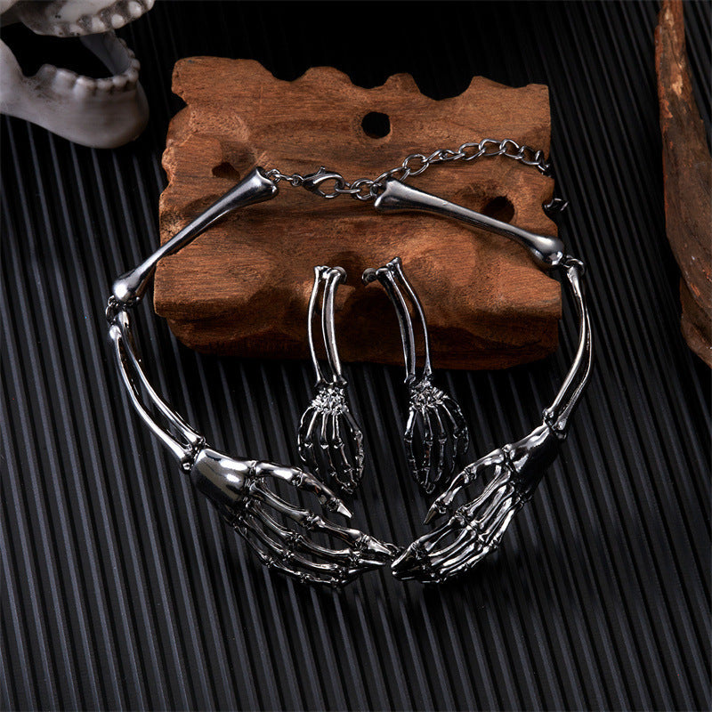 Halloween Dark Skeleton Hand Necklace Earrings Set