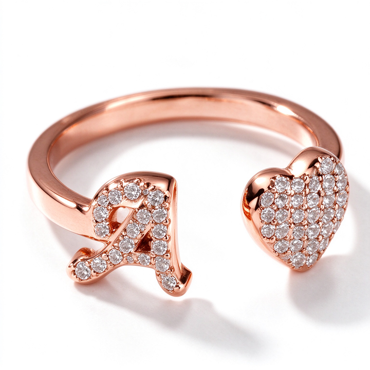 Initial Letter Heart Zircon Adjustable Open Ring