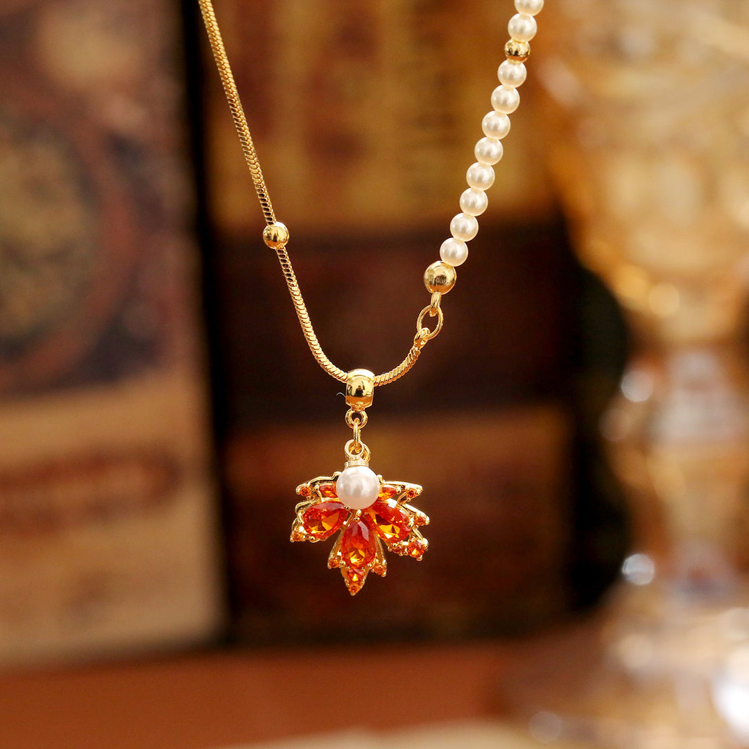 Ruby Maple Leaf Pearl Necklace