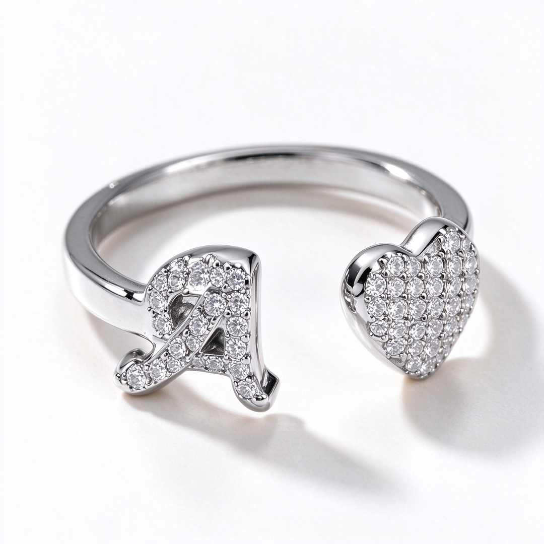 Initial Letter Heart Zircon Adjustable Open Ring