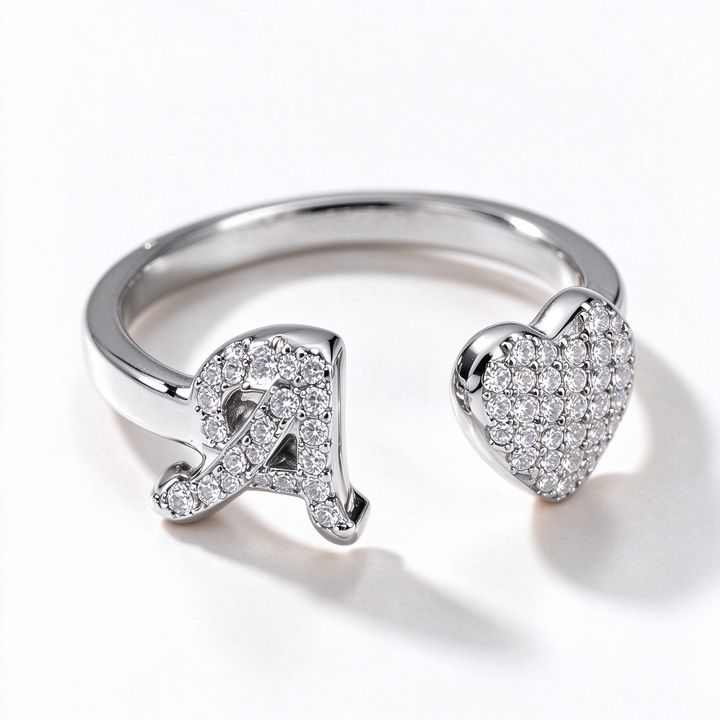 Initial Letter Heart Zircon Adjustable Open Ring