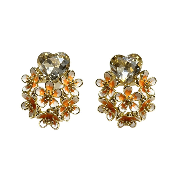 Heart Zircon Enamel Flower Stud Earrings