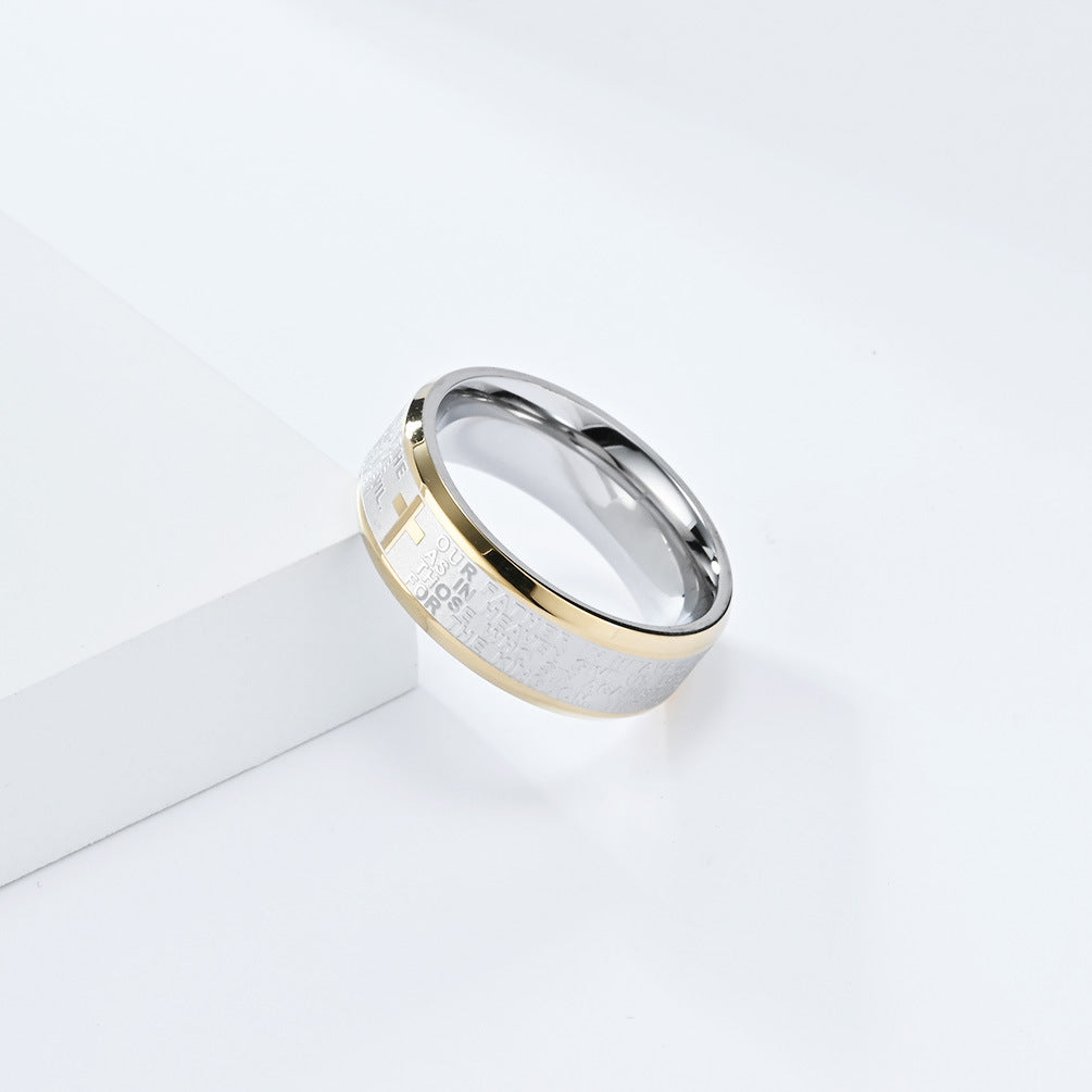 Unisex Titanium Steel Cross Prayer Text Band Ring