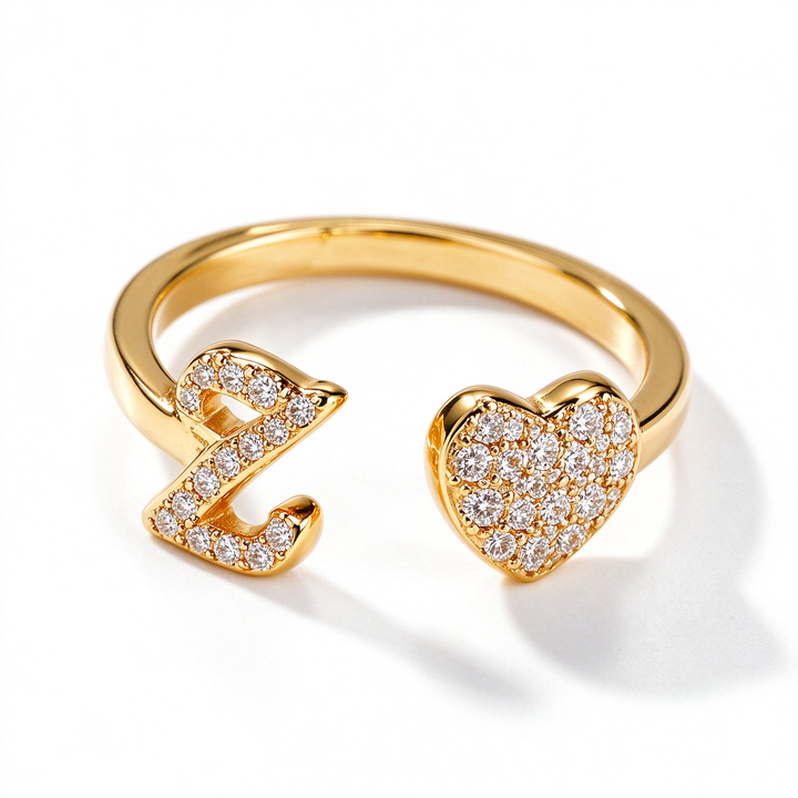 Initial Letter Heart Zircon Adjustable Open Ring