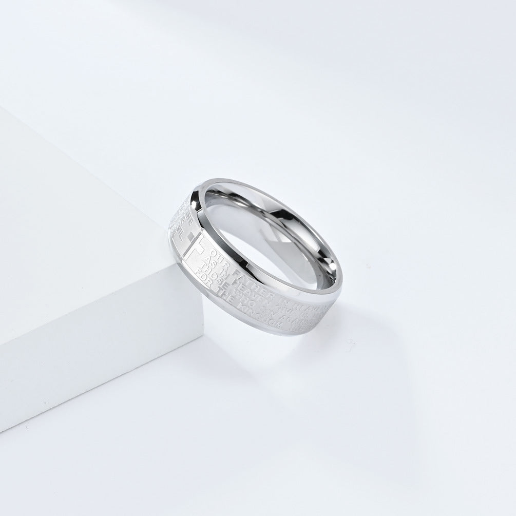Unisex Titanium Steel Cross Prayer Text Band Ring