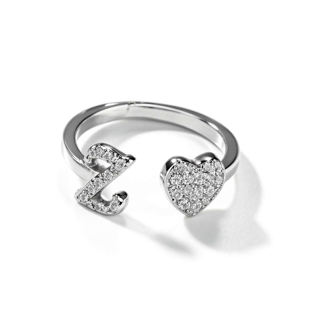 Initial Letter Heart Zircon Adjustable Open Ring